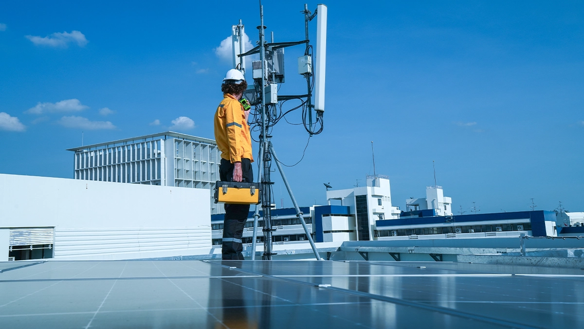 A JMGCONNEX antenna on a commercial roofline